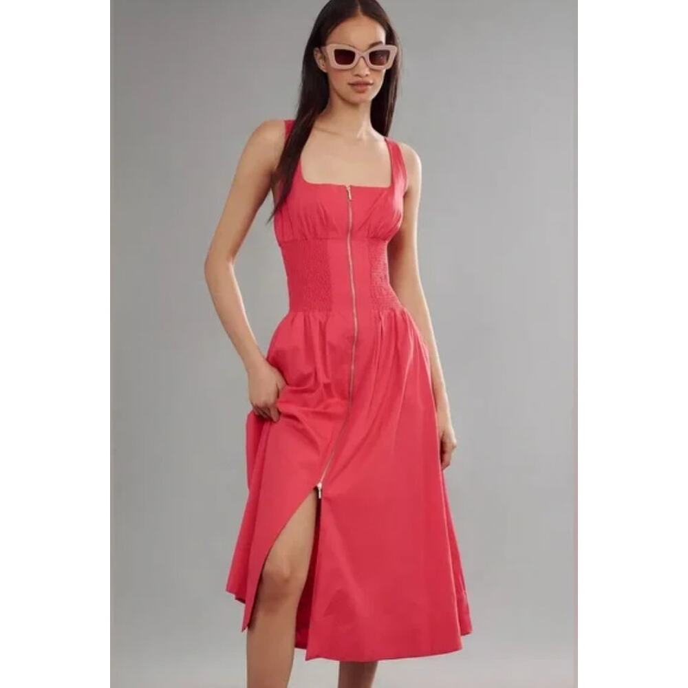Anthropologie Coral Pink Midi Dress with Front Zipper